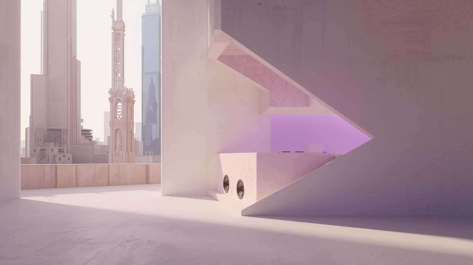 A minimalist and clean photography style, with a minimalist composition, ample negative space, and soft, muted tones creating an uncluttered scene that focuses on form and purple light. A vibrant a